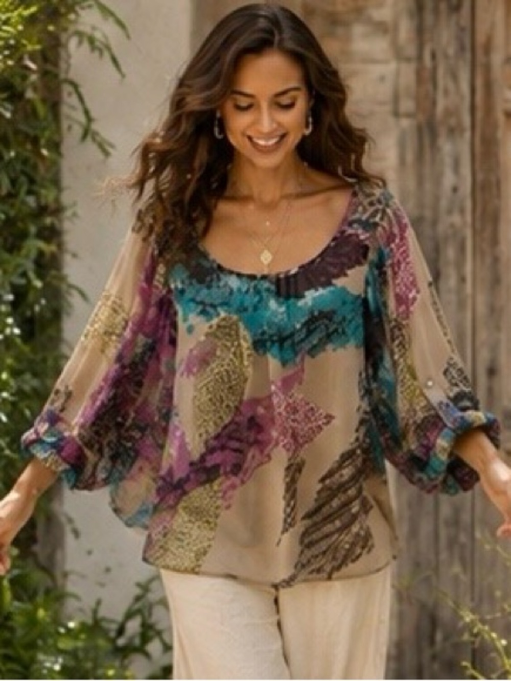 Daytrip Boho Abstract Leaf Print Butterfly Sleeve Blouse Size S